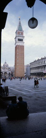 View of a Bell Tower with a Cathedral in the Background, St. Mark