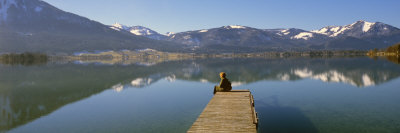 Woman Sitting on a Pier at Lakeside, Wolfgangsee, St. Wolfgang, Salzkammergut, Upper Austria