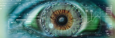 Close-Up of an Eye with Tech Diagrams in Abstract