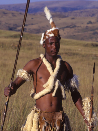 Zulu Warrior in Traditional Dress with Fighting Spear