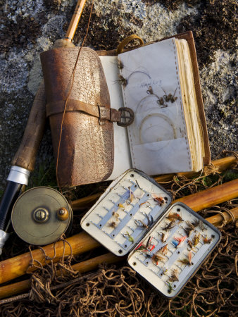 A Split-Cane Fly Rod and Traditional Fly-Fishing Equipment Beside a Trout Lake in North Wales, UK