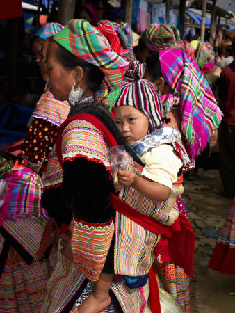 Flower Hmong Woman Carrying Baby on Her Back, Bac Ha Sunday Market, Lao Cai Province, Vietnam