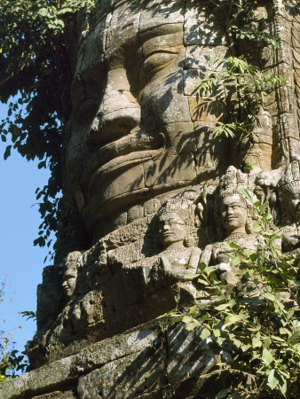 Detail of Carved Faces at Baray Temple, Angkor Wat, Cambodia