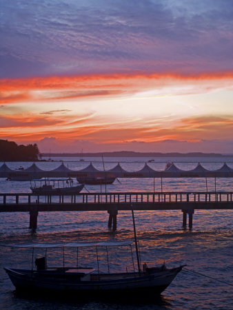 Camamu Bay, Island of Tinhare, Sunset over Jetty and Boats, Village of Morro De Sao Paulo, Brazil