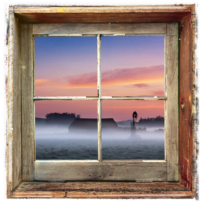 Farmyard Sunrise Viewed Through an Old Window Frame