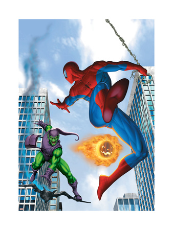 Spider-Man and Green Goblin Fighting in the City; Throwing Flaming Pumpkin