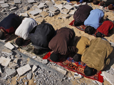 Palestinians Pray in Rubble of Mosque Destroyed in Israeli Military Offensive, Northern Gaza Strip