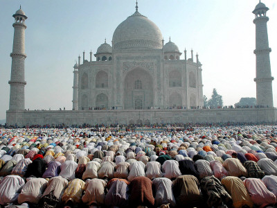Muslim Faithful Pray at the Mosque in the Taj Mahal Complex to Celebrate Eid-Al-Fitr