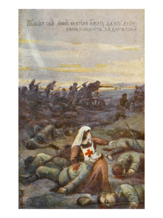 A Red Cross Nurse Tends to Wounded Russian Soldiers on a Battlefield