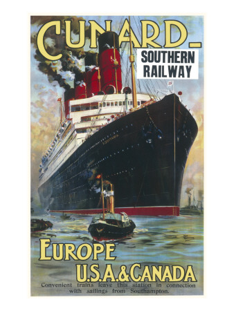Travel poster from Cunard's sailings to Europe, U.S.A., and Canada.