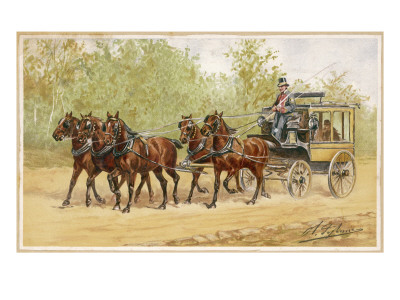 Five Horses Pull This Family Carriage, with Coachman in Livery