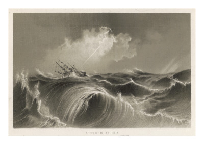 Sailing Ship in Stormy Seas Struck by Lightning
