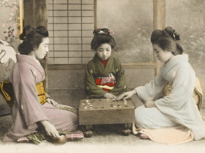 Three Japanese Geisha Girls Playing Go