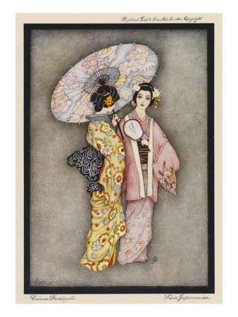 Two Japanese Geisha Girls, One Holding a Parasol