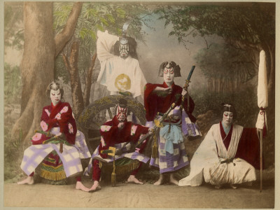 Japanese Kabuki Theatre with Actors Wearing Elaborate Make-Up and Costumes