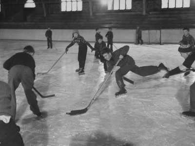Schoolboys Playing Ice Hockey Poster