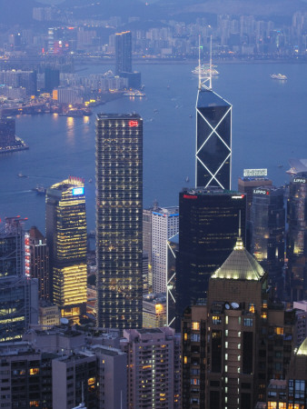 China, Hong Kong, Night View of Skyline Including Bank of America