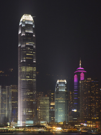 China, Hong Kong, Night View of High Rises by the Waterfront Including Ifc2