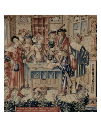 medieval tapestry with woman sitting at a table with counting pieces or money, reading a book which a man is holding for her, and surrounded by six other men. A dog is lying on the floor in front of the table