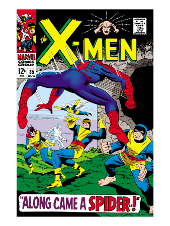 X-Men #35 Cover: Spider-Man, Beast, Cyclops, Marvel Girl, Iceman and Angel Jumping