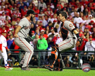 Buster Posey & Brian Wilson Celebrate winning the 2010 NLCS