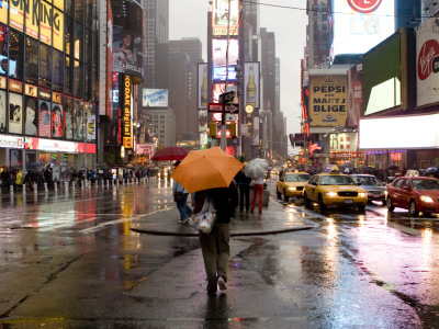 Pedestrians and Traffic in Times Square on a Rainy Afternoon