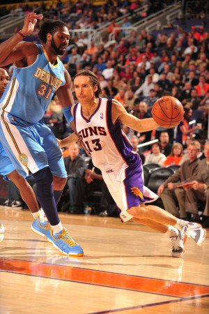 Buy Denver Nuggets v Phoenix Suns: Nene Hil&aacute;rio and Steve Nash at AllPosters.com