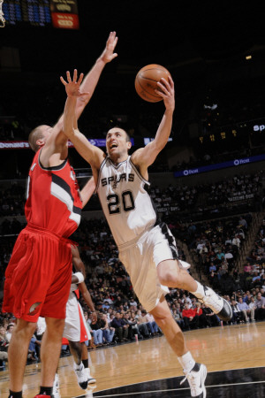 Portland Trail Blazers v San Antonio Spurs: Manu Ginobili and Joel Przybilla