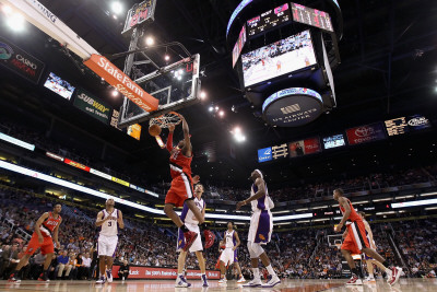 Portland Trail Blazers v Phoenix Suns: LaMarcus Aldridge and Hedo Turkoglu Poster