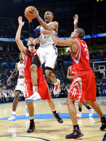 Houston Rockets v Oklahoma City Thunder: Russell Westbrook, Shane Battier and Brad Miller