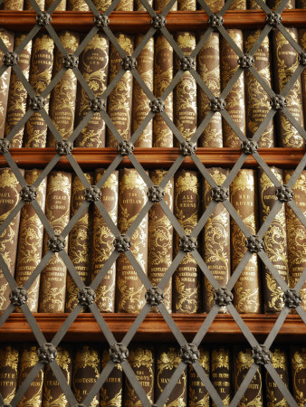 Close Up View of Antique Books Behind Caged Shelves