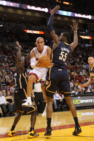Indiana Pacers v Miami Heat: Carlos Arroyo and Roy Hibbert