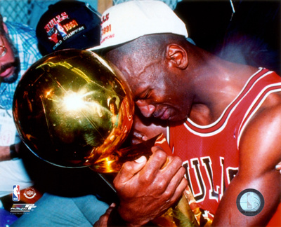 Michael Jordan Game 5 of the 1991 NBA Finals with Championship Trophy