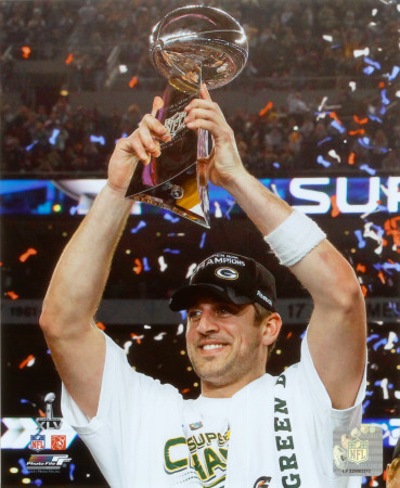 Aaron Rodgers Celebrating with Lombardi Trophy after winning Super Bowl XLV