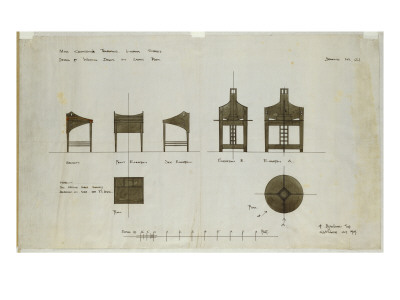 Designs for Writing Desks Shown in Front and Side Elevations, for the Ingram Street Tea Rooms, 1909