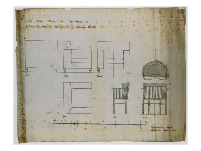 Designs for an Upholstered Chair and a Spindle Chair Shown in Elevation and Plans, 1909