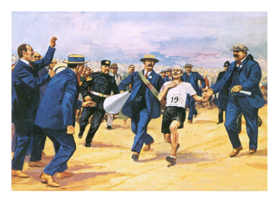 A depiction of Dorando Pietri finishing the 1908 Olympic Marathon in London