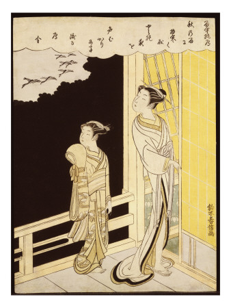 A Courtesan and Her Kamuro on a Verandah Watching Flying Geese in the Rain