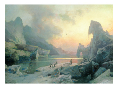 Penguins in an Arctic Landscape at Dusk
