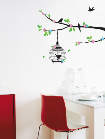 Color Blossom and Birds in Tree Silhouette Posters