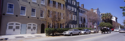 Houses and Cars Along a Street, Rainbow Row, Battery Area, Charleston, South Carolina, USA