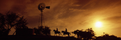 Silhouette of Two Horse Riders at Sunset, Hunt, Kerr County, Texas, USA