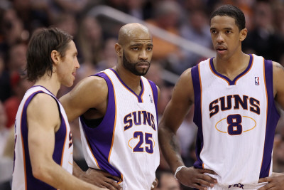 Dallas Mavericks v Phoenix Suns, Phoenix, AZ - February 17: Steve Nash, Vince Carter and Channing F