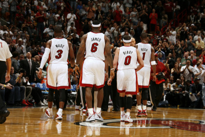 Orlando Magic v Miami Heat, Miami, FL - March 3: Dwyane Wade, LeBron James, Mike Bibby and Chris Bo