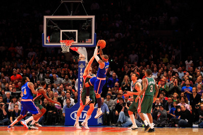 Milwaukee Bucks v New York Knicks, New York, NY - February 23: Carmelo Anthony and Andrew Bogut