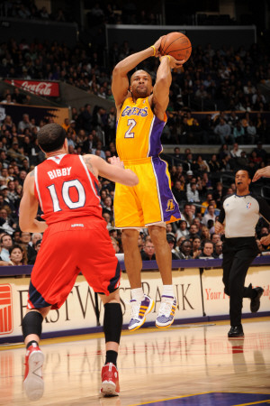 Atlanta Hawks v Los Angeles Lakers, Los Angeles, CA - February 22: Derek Fisher and Mike Bibby