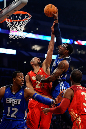 2011 NBA All Star Game, Los Angeles, CA - February 20: Amare Stoudemire and Tim Duncan