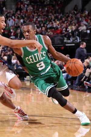 Boston Celtics v Portland Trail Blazers, Portland, OR - January 27: Andre Miller and Rajon Rondo Poster