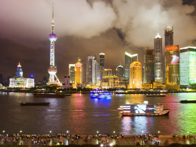 Pudong Skyline at Night, Seen from M on the Bund Restaurant