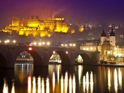 Heidelberg Castle and Alt Brucke (Old Bridge) over Neckar River at Dusk
